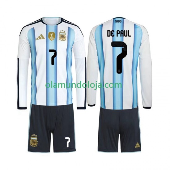 Camisola Argentina Rodrigo De Paul 7 Criança Equipamento Primeiro Copa do Mundo 2026 Manga Comprida